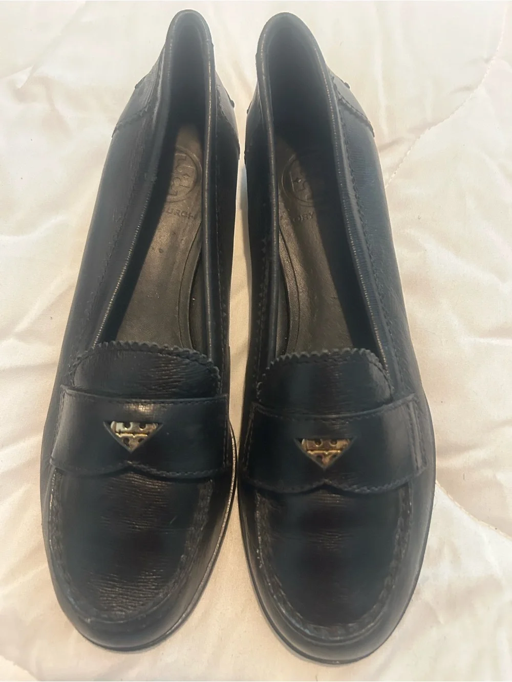 Tory Burch Black Leather Loafers with Gold Logo Accents